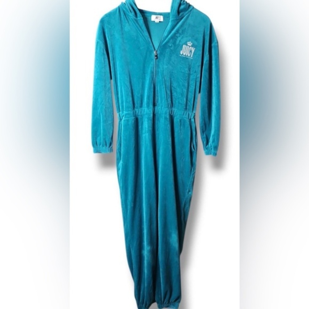 Juicy Couture Turquoise Velour Hooded Jumpsuit, Size Large